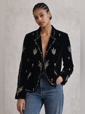 Lovestitch Black Velvet Beaded Jacket Floral Embroidery Small